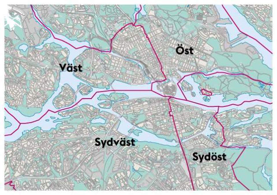 Karta över Stockolms stad som visar de fyra olika områdena väst, öst, sydväst och sydöst.