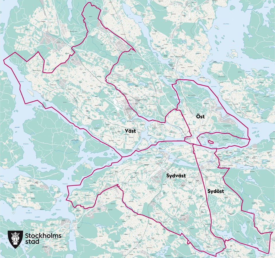 Karta över Stockolms stad som visar de fyra olika områdena väst, öst, sydväst och sydöst.