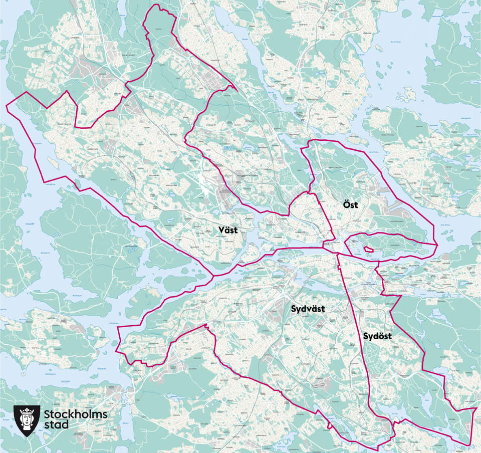 Karta över Stockolms stad som visar de fyra olika områdena väst, öst, sydväst och sydöst.